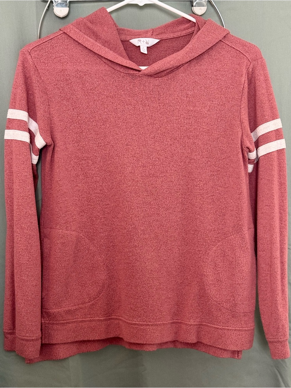 R+R Cozy Hooded Pullover in Dusty Rose with White Sleeve Stripes